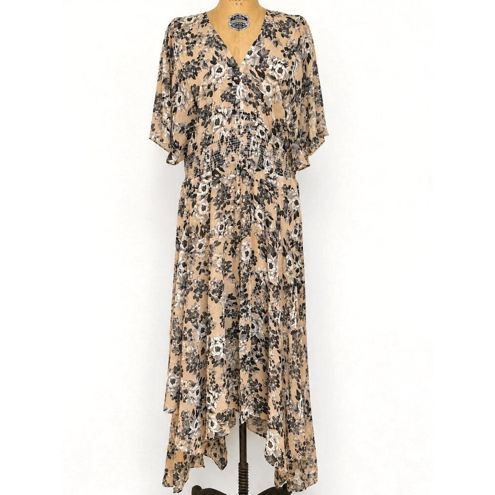 Calvin Klein Floral Metallic Hi‎ Low Midi Dress Boho Romantic XL